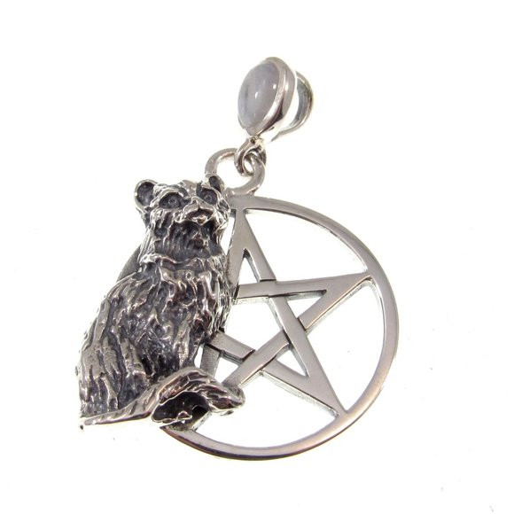 Solid 925 Sterling Silver Cat Familiar Pentacle Pendant w/ Choice of Gemstone - Picture 8 of 9